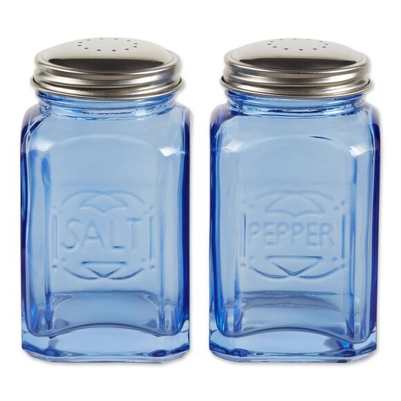 Retro Blue Glass Salt Pepper Shakers Square Stainless-Steel Lid Gift NEW - Picture 1 of 2